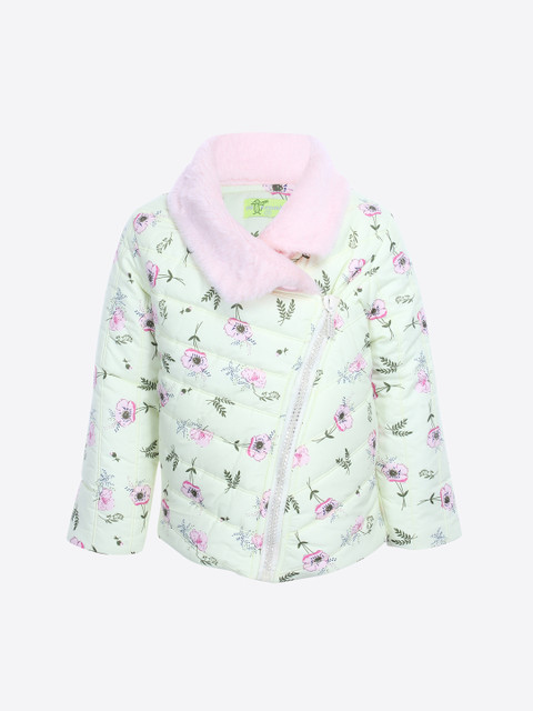 

CUTECUMBER Girls Green & Pink Printed Puffer Jacket