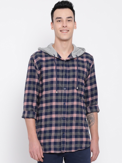 

Oxolloxo Men Navy Blue & Pink Checked Casual Hooded Shirt