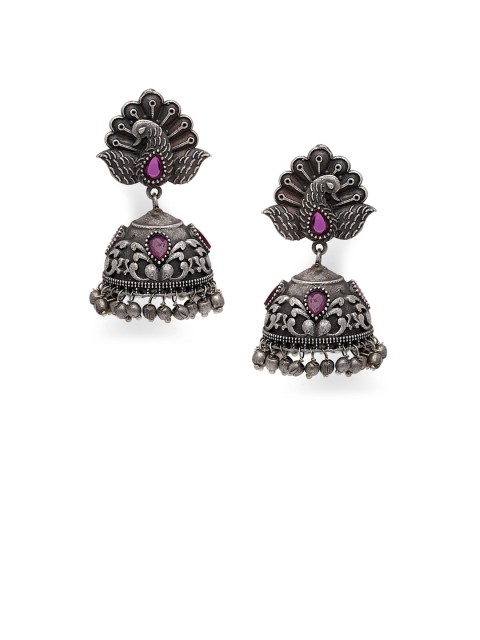 

Fabstreet Silver-Toned & Pink Oxidised Handcrafted Dome Shaped Jhumkas