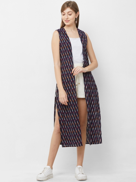 

Fusion Beats Women Navy Blue Printed Open Front Shrug