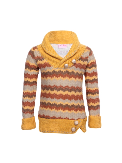 

CUTECUMBER Girls Grey and Mustard Yellow Printed Pullover Sweater