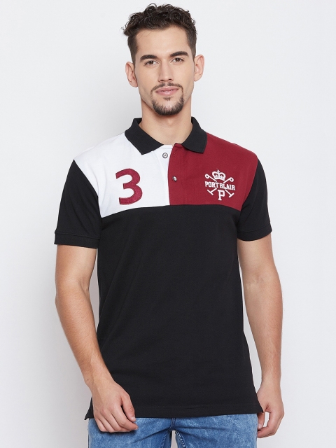 

PORTBLAIR Men Black Colourblocked Polo Collar T-shirt