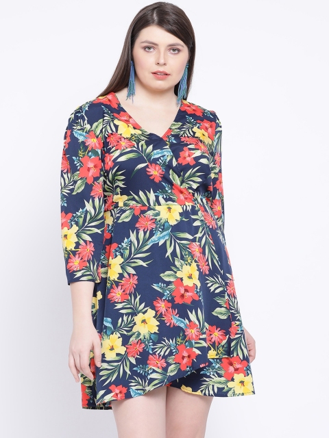 

Oxolloxo Women Navy Blue Tropical Printed Wrap Dress
