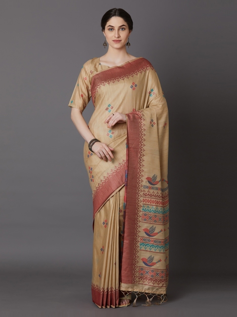 

Mitera Beige & Maroon Silk Blend Printed Saree