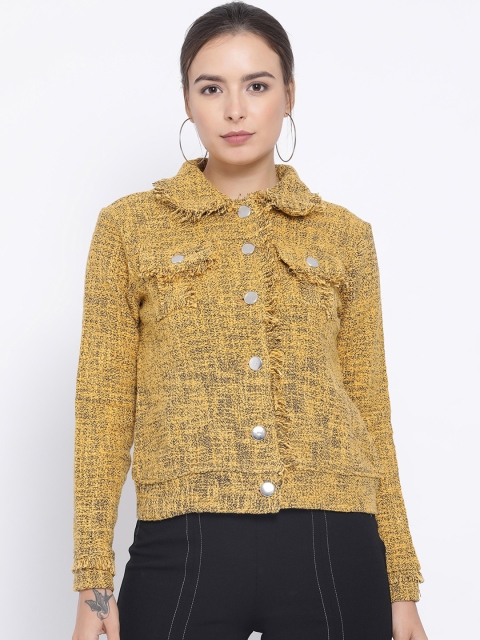 

Oxolloxo Women Mustard Yellow & Black Self Design Tailored Jacket