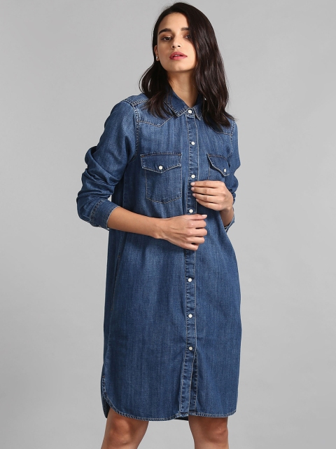 

GAP Women Blue Solid Shirt Denim Dress