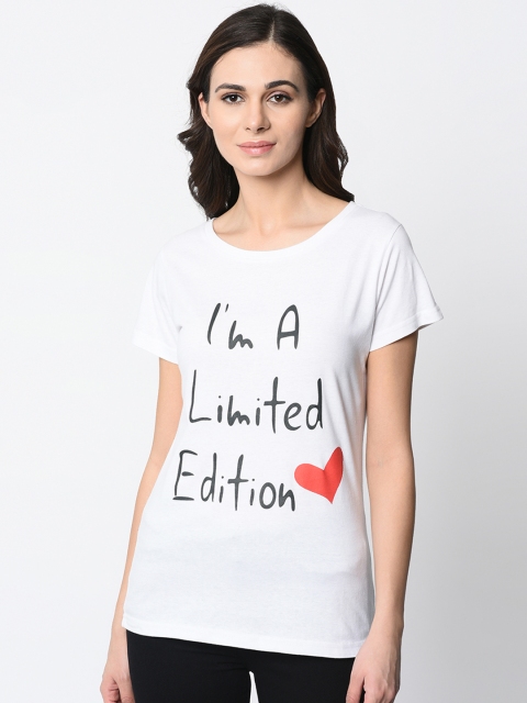 

oneliner Women White Printed Slim Fit Round Neck T-shirt