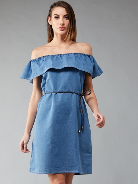 

DOLCE CRUDO Women Blue Solid Denim A-Line Dress