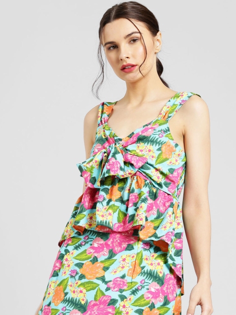 

MIWAY Women Blue & Pink Floral Printed A-Line High-Low Top
