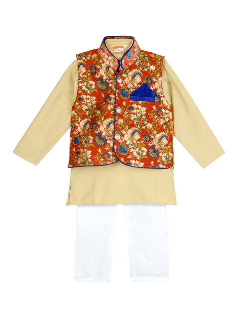 

KID1 Boys Orange Printed Kurta with Pyjamas With Jacket