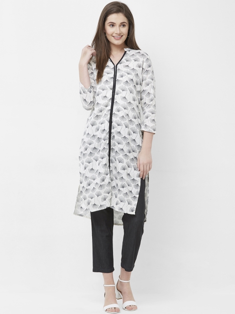 

Fusion Beats Women White & Black Floral Printed Straight Kurta