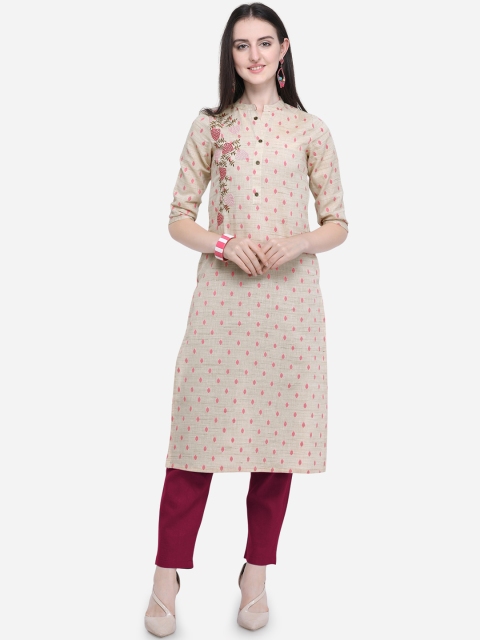 

Mirchi Fashion Women Beige & Pink Embroidered Straight Kurta