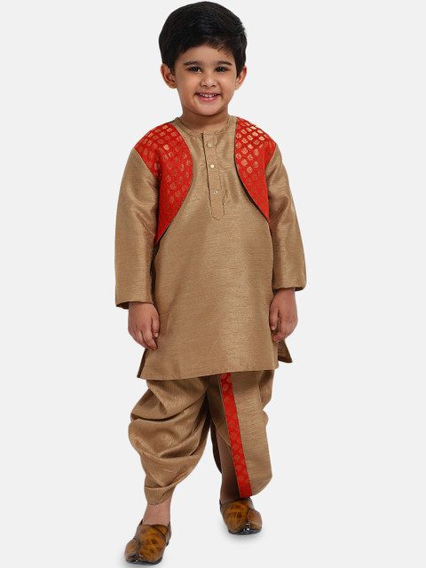 

BownBee Boys Brown & Red Woven Design Jacquard Kurta with Dhoti Pants And Attached Jacket