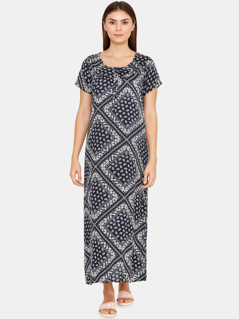 

Zivame Navy Blue & Off-White Printed Nightdress