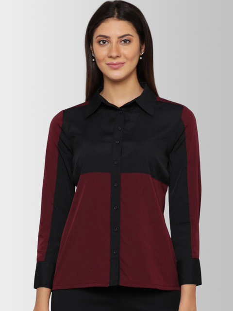 

FableStreet Women Maroon & Black Regular Fit Colourblocked Formal Shirt