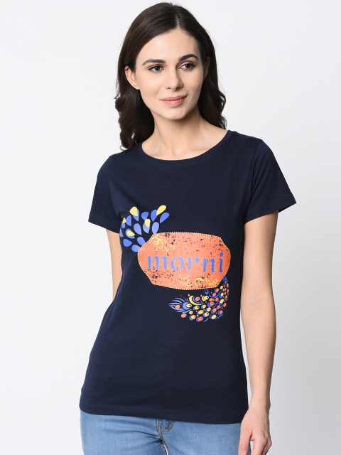 

oneliner Women Blue Printed Round Neck T-shirt