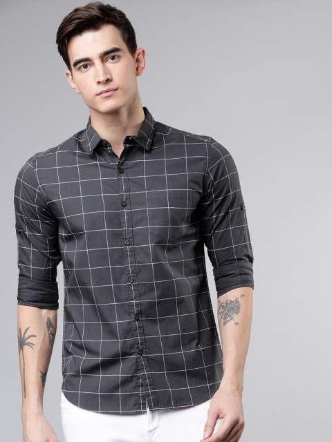 Men Charcoal Grey & White Slim Fit Checked Casual Shirt