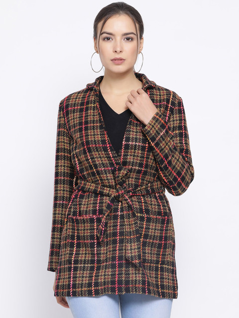

Oxolloxo Women Brown & Black Checked Open Front Jacket