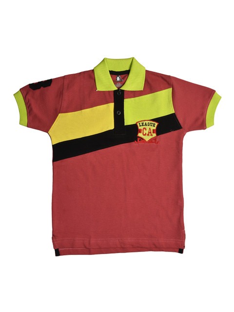 

CRAZYPENGUIN Boys Peach-Coloured Black Colourblocked Polo Collar Pure Cotton T-shirt