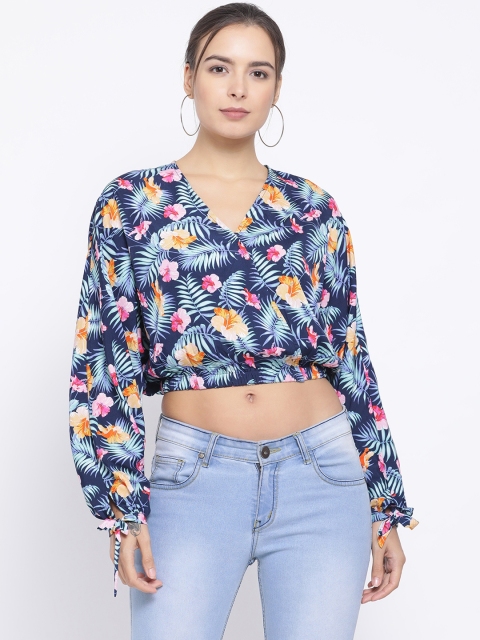 Oxolloxo Women Blue & Orange Floral Print Wrap Crop Top