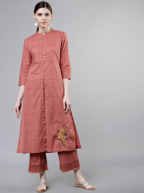 

Vishudh Women Brown Checked Embroidered Kurta with Palazzos