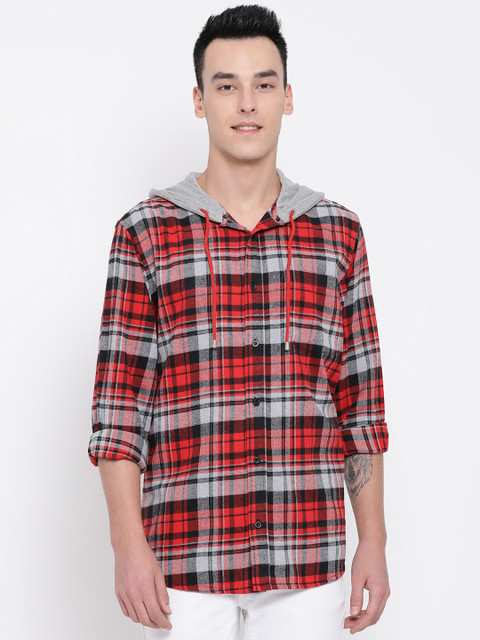 

Oxolloxo Men Red & Grey Checked Casual Hooded Shirt