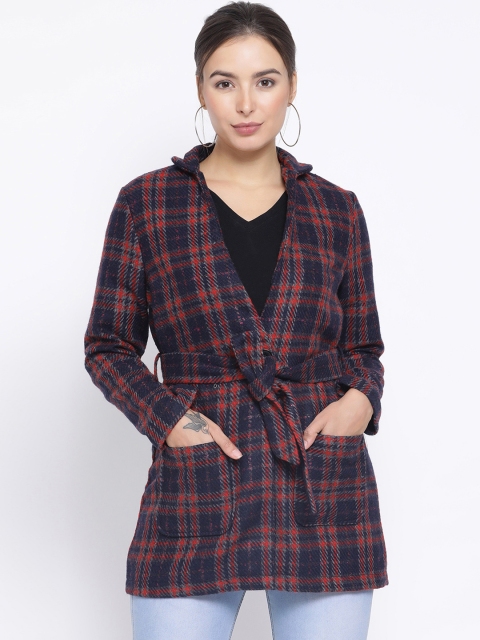 

Oxolloxo Women Checked Open Front Jacket Jacket, Navy blue