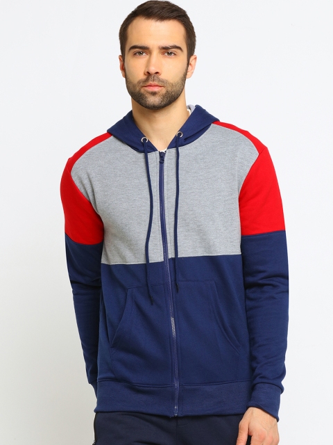 

Maniac Men Navy Blue & Grey Colourblocked Hooded Sweatshirt