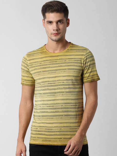 

Peter England Casuals Men Yellow Striped Round Neck Pure Cotton T-shirt