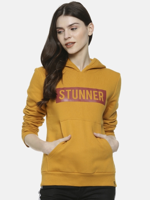 

Campus Sutra Women Mustard Orange & Maroon Printed Hooded Sweatshirt