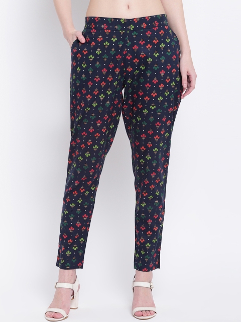 FABNEST Women Navy Blue & Green Regular Fit Printed Peg Trousers