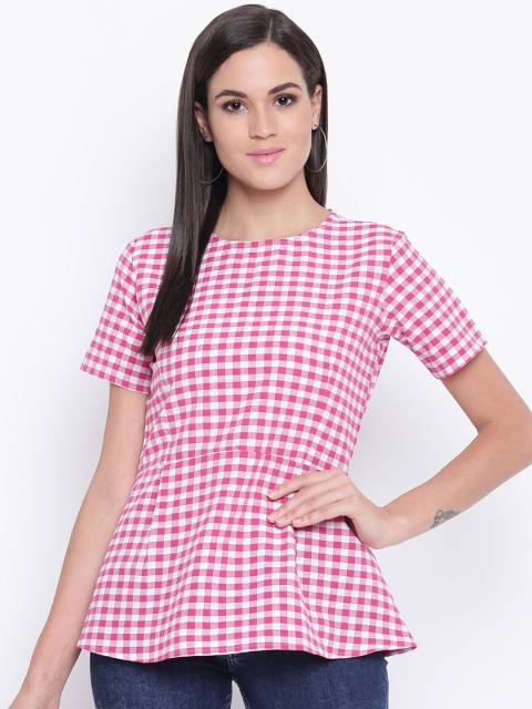 

FABNEST Women Pink & White Checked Peplum Top
