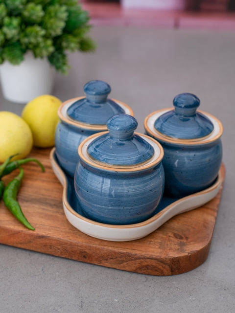 

GOODHOMES Set of 3 Blue Stoneware Pickle Jar with Lid & Tray