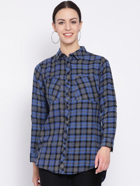 

Oxolloxo Women Blue & Black Regular Fit Checked Casual Shirt