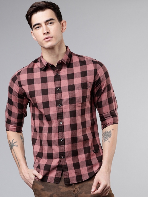 

Ecko Unltd Men Brown & Peach-Coloured Slim Fit Checked Casual Shirt