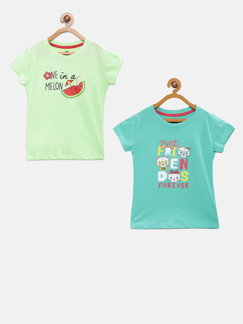 

Cub McPaws Girls Pack Of 2 Printed Round Neck T-shirts, Sea green