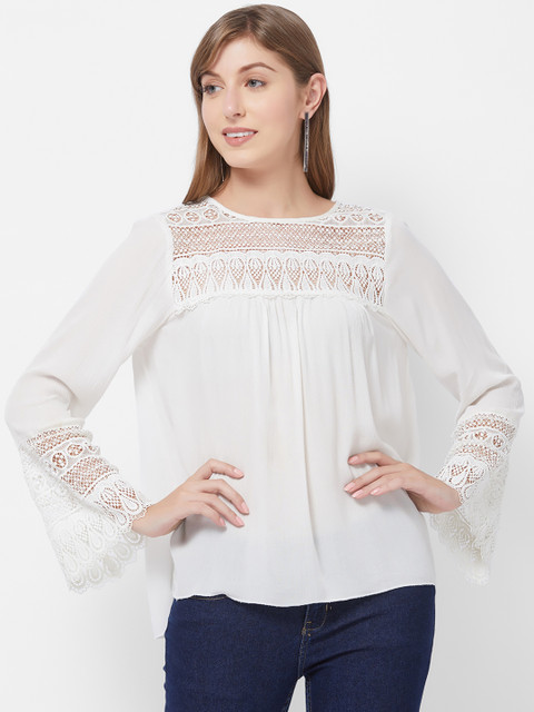 

109F Women White Solid A-Line Lace Insert Top