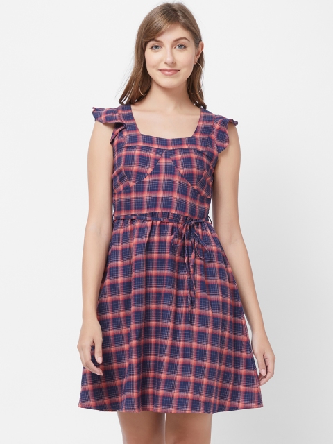

109F Women Navy Blue & Red Checked Fit and Flare Dress