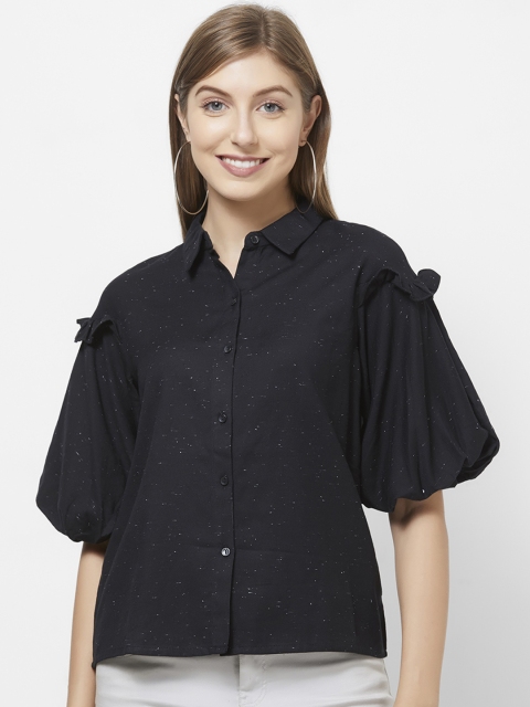 

109F Women Black Self Design Shirt Style Puff Sleeve Top