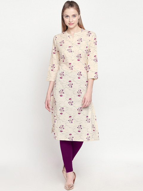 

ZRI Women Cream-Coloured & Pink Printed Straight Calf-Length Kurta