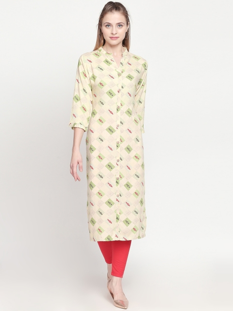 

ZRI Women Yellow Printed Straight Calf-Length Kurta
