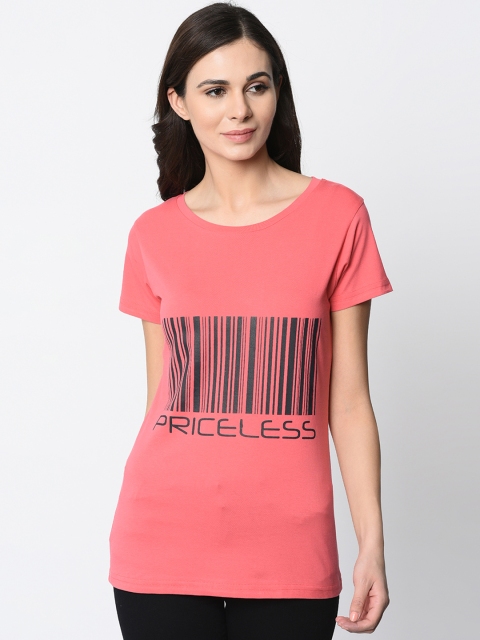 

oneliner Women Coral Pink Printed Slim Fit Round Neck T-shirt