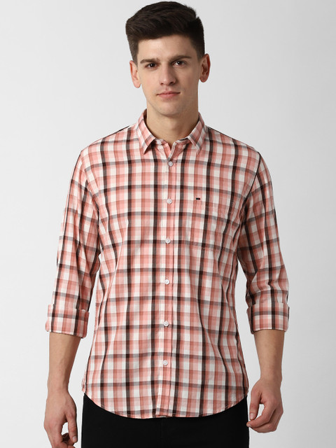 

Peter England Casuals Men Peach-Coloured & Brown Slim Fit Checked Casual Shirt
