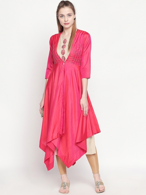 

ZRI Women Beige & Pink Embroidered Layered A-Line Kurta