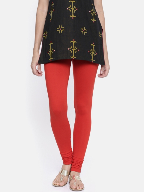 

Bitz Women Coral Red Solid Churidar-Length Organic Cotton Leggings
