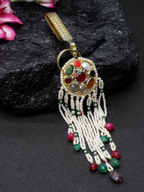 

DUGRISTYLE Women White & Red Handcrafted Navrattan Stone-Studded Key Chain