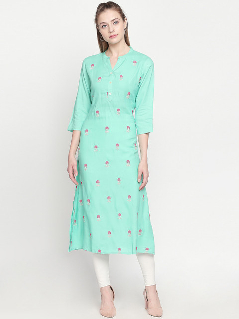 

ZRI Women Yellow Embroidered Straight Knee-Length Kurta, Green
