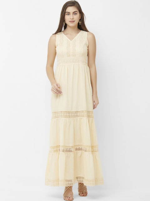

109F Women Cream-Coloured Self Design Tiered Maxi Dress