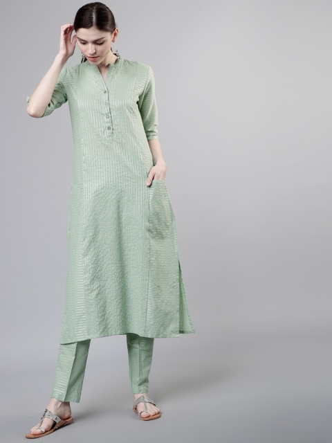 

Vishudh Women Green & Silver-Toned Striped Straight Kurta