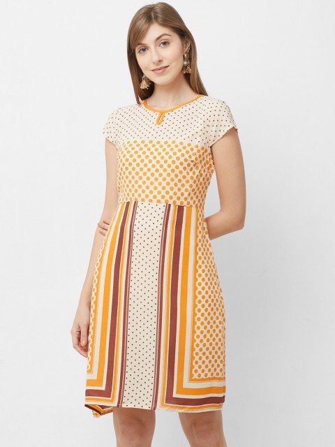 

109F Women Cream-Coloured & Yellow Printed A-Line Dress